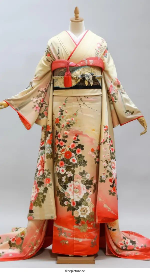 A kimono with a pattern of flowers and clouds