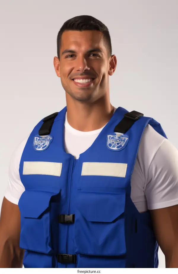 Portrait of a smiling young man wearing a blue life jacket