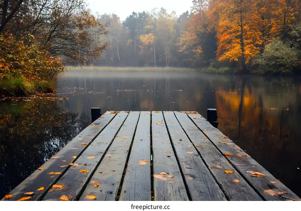 Autumn Wooden Dock Over Calm Lake with Foggy Forest in Background
