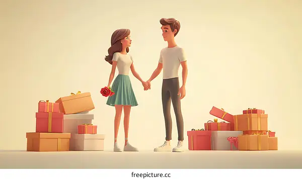 Cartoon Couple with Gift Boxes