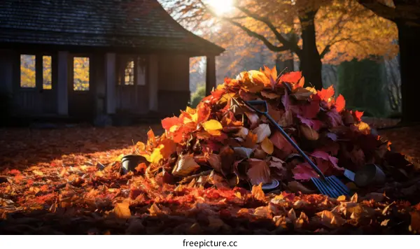 Vibrant Autumn Leaves in a Pile with a Cottage in the Background