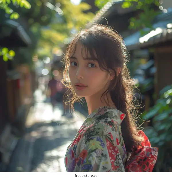 Asian Woman in Traditional Japanese Kimono in a Street Scene
