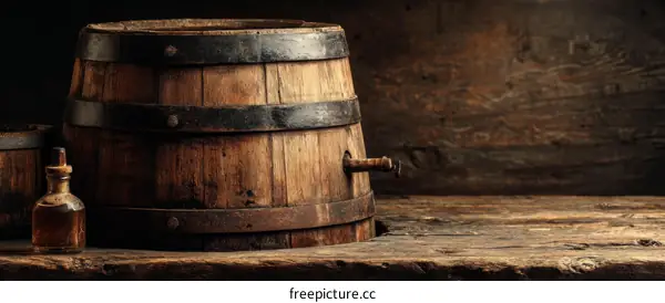 Old Wooden Barrel and Small Bottle on Rustic Wooden Table