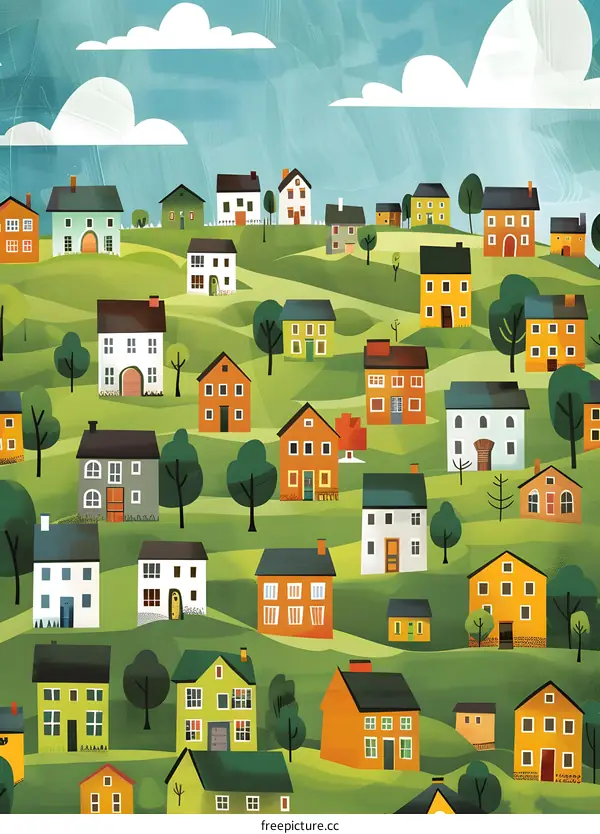 Colorful Houses on Green Hills Landscape Illustration