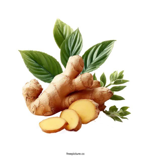 [Transparent Background PNG]Fresh Ginger Root with Slices and Leaves