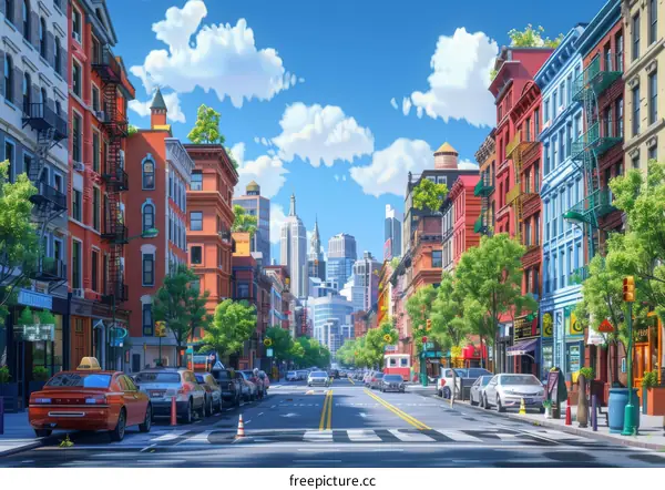 Colorful City Street Scene with People