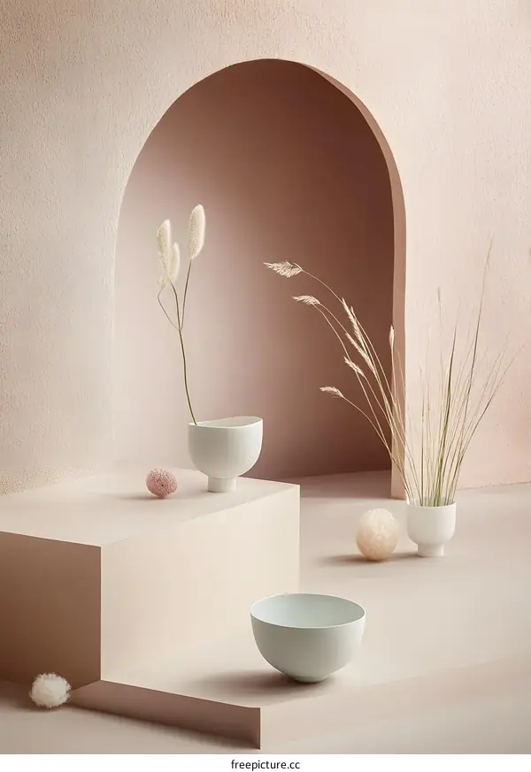 Minimalist Ceramic Vases with Dried Flowers and Grass