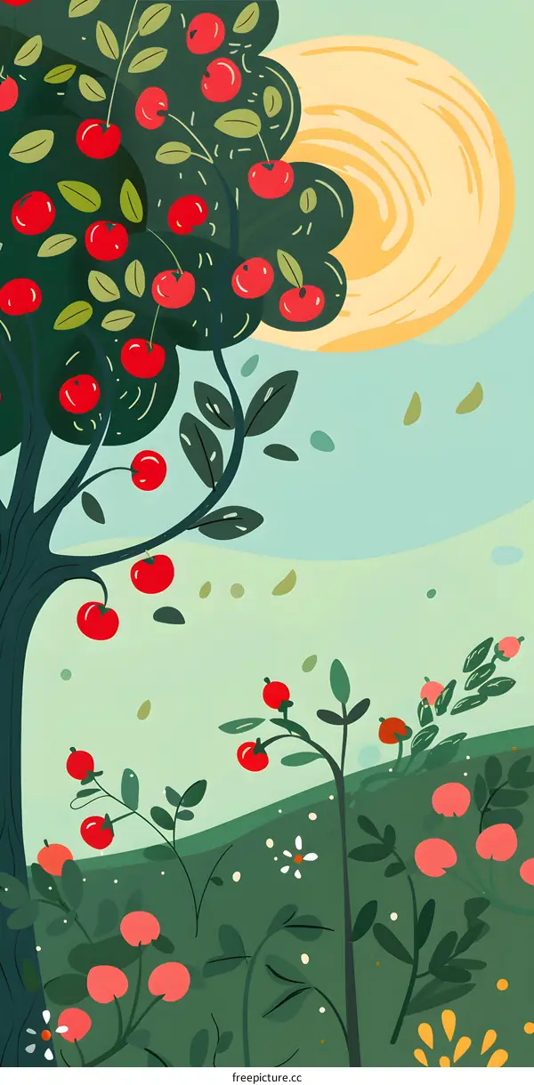 Illustrated Cherry Tree with Red Fruits and Green Leaves
