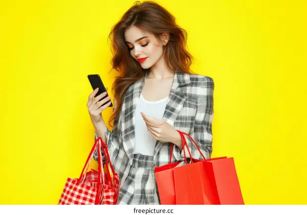 Woman with Shopping Bags and Smartphone on Yellow Background
