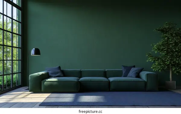 Modern Living Room with Deep Green Accents