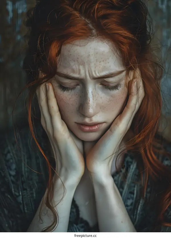 A beautiful sad woman with freckles on her face