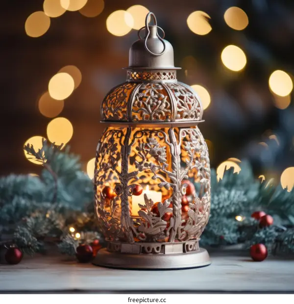 A beautiful golden lantern with a candle inside sits on a wooden table among pine branches and red ornaments with a blurred background of twinkling lights.