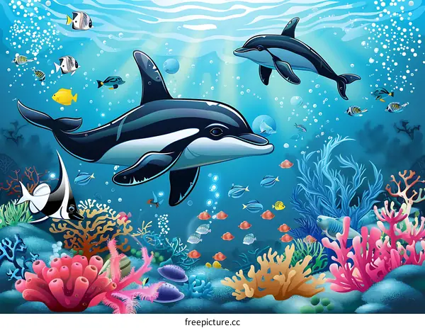 Underwater Scene with Dolphins and Coral Reef