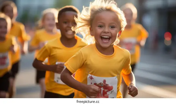 Happy children running in a race