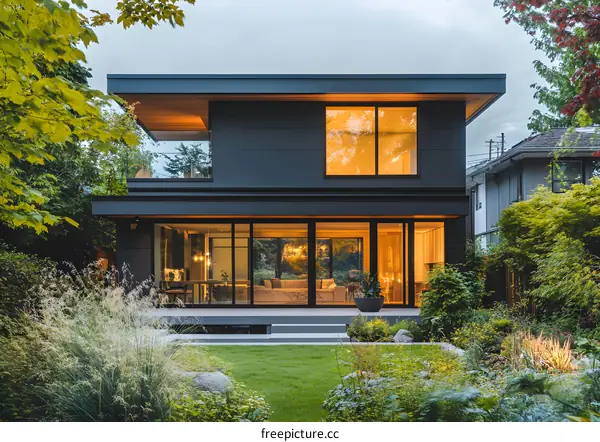 Modern Black House with Large Windows and Green Garden