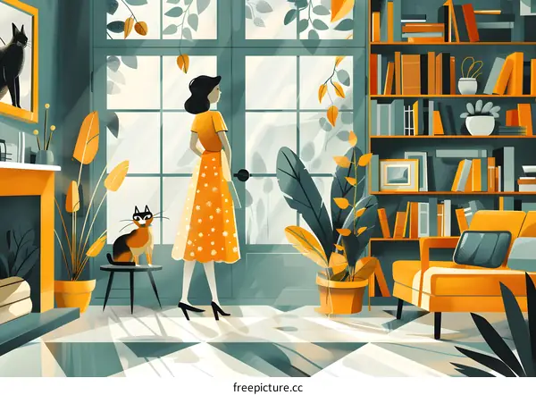 woman standing in a room with a cat