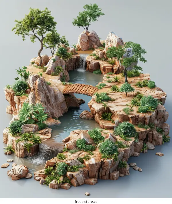 Miniature Isometric Landscape Featuring Trees, Rocks, a River, and a Bridge