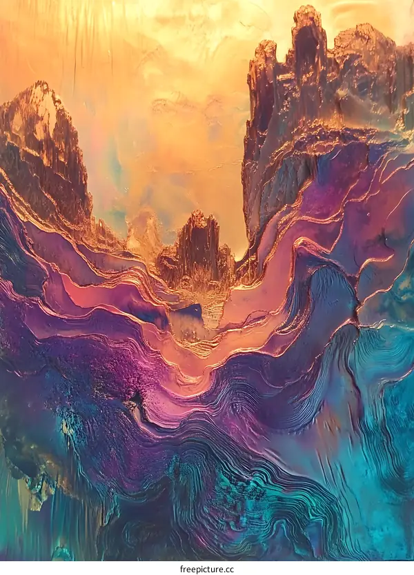 Abstract Landscape Art with Golden Peaks and Purple and Blue Layers