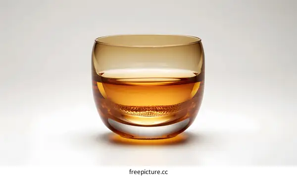 Round bottomed glass half full of amber liquid