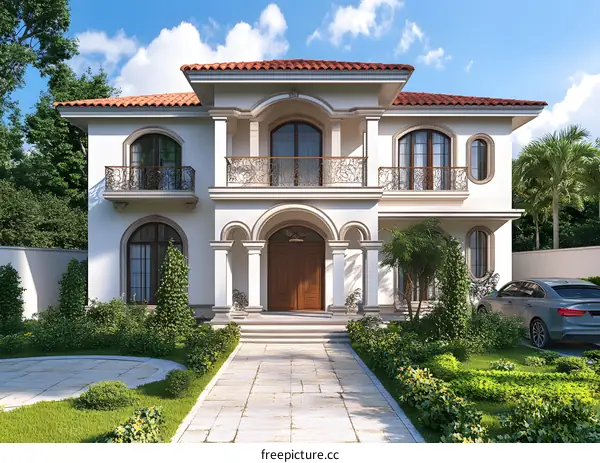 Luxury White House with Brown Door and Iron Balcony