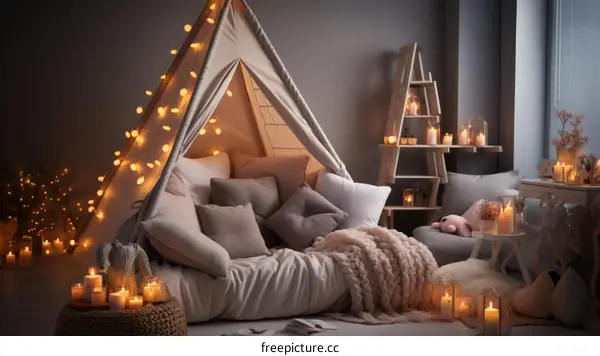  Cozy bedroom interior with pillows and candles