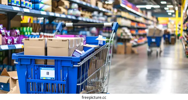 Blue Shopping Cart Full Of Boxes In A Supermarket Aisle