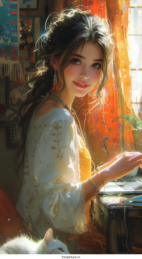 An illustration of a beautiful woman sitting at a desk and smiling at the viewer