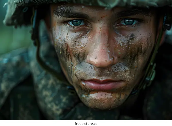Portrait of a soldier with blue eyes and mud on his face