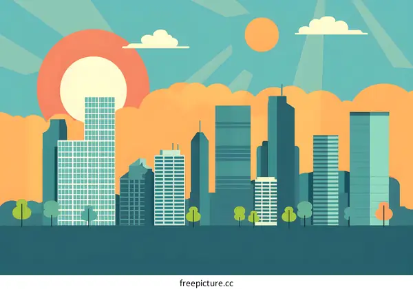 Modern Cityscape Skyline Illustration With Sun And Clouds