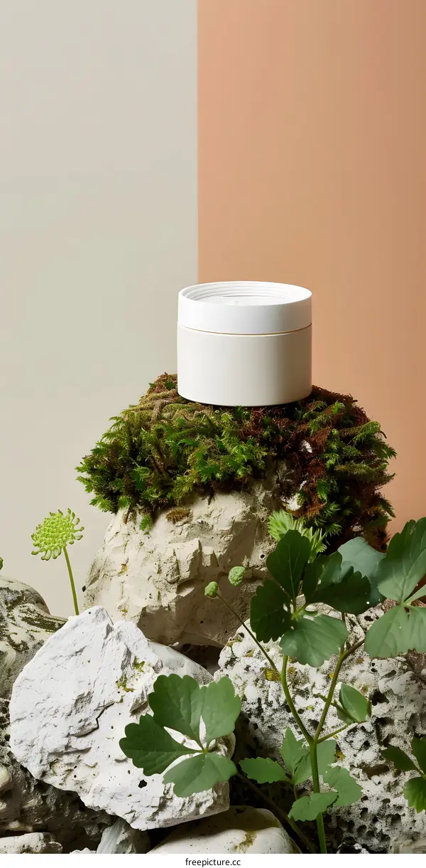 White Jar on Rocks and Moss with Green Plants