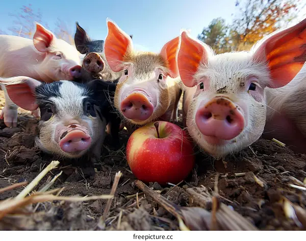 Five curious piglets gathered around a red apple
