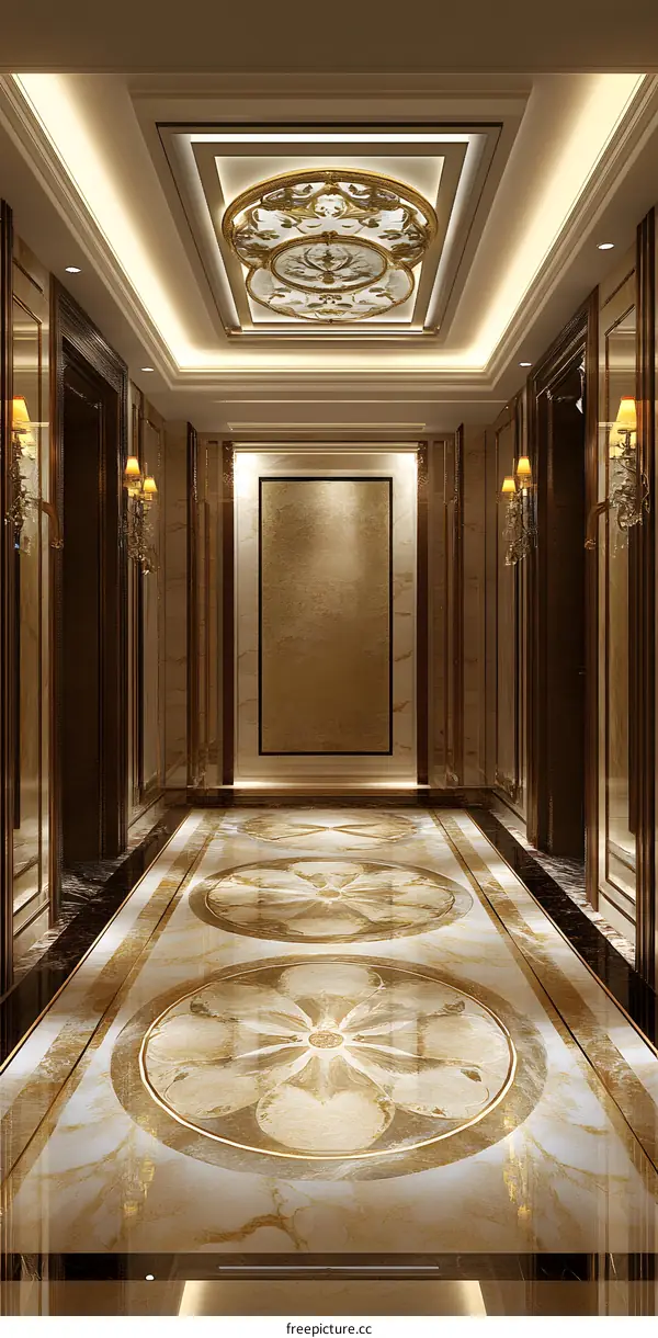 Luxury Interior Design, Hallway With Marble Flooring And Ornate Ceiling