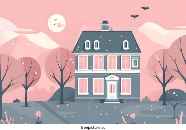 Pink Sky with a Grey House and Trees