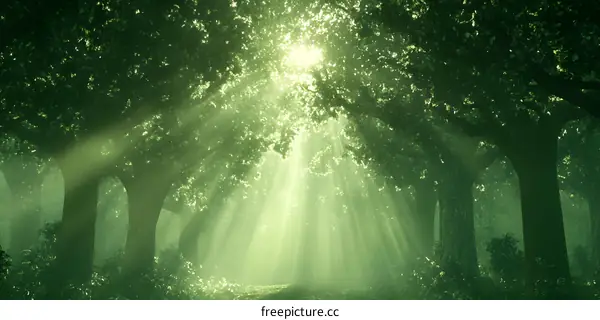 Sunlight Beams Through The Green Forest