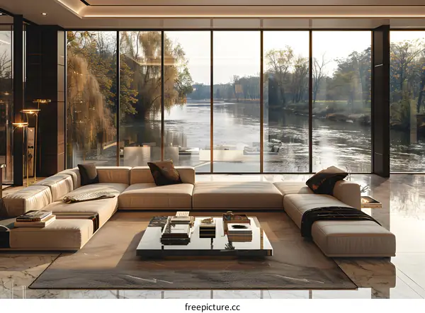 Bright modern living room interior with large windows overlooking river