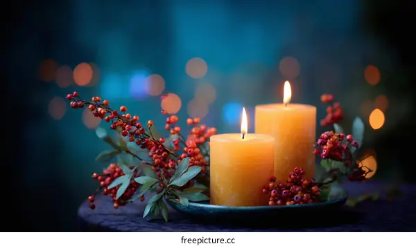 Two Candles with Autumn Berries
