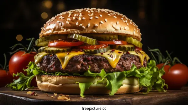 yummy cheeseburger with pickles tomatoes and lettuce