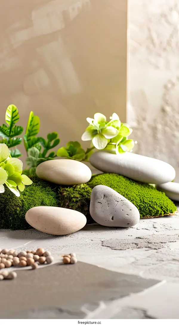 Stones and Moss on a Grey Background