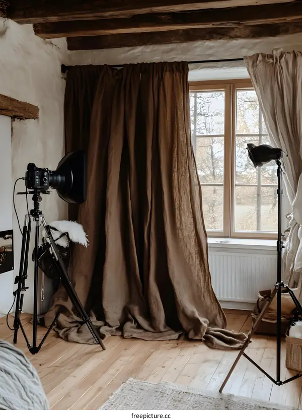 Photography Studio Setup With Natural Light And Curtains