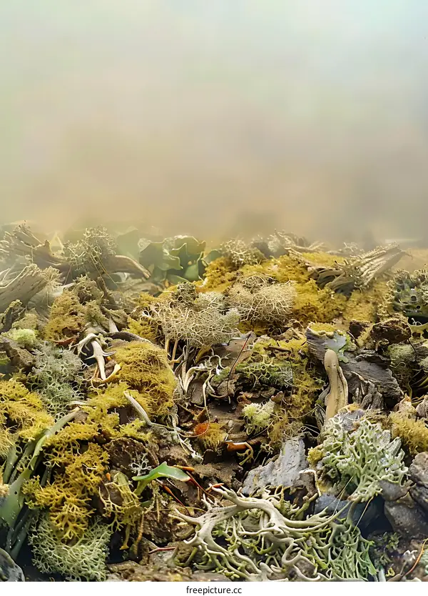 Closeup of Lichen on Forest Floor in Mist