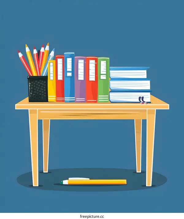 Colorful Books and Pens on Wooden Desk Illustration