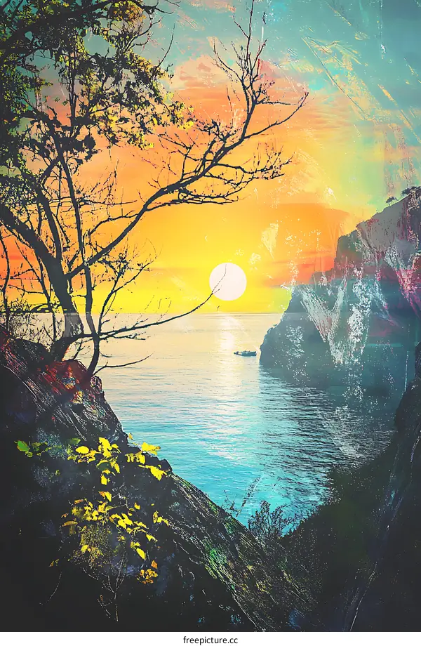 Sunset Over the Ocean with a Silhouette of a Tree