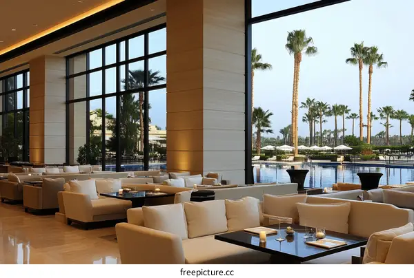 Modern Hotel Lounge with Pool View