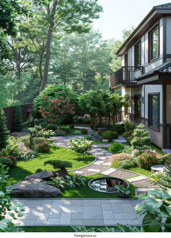 Japanese style courtyard garden with a pond