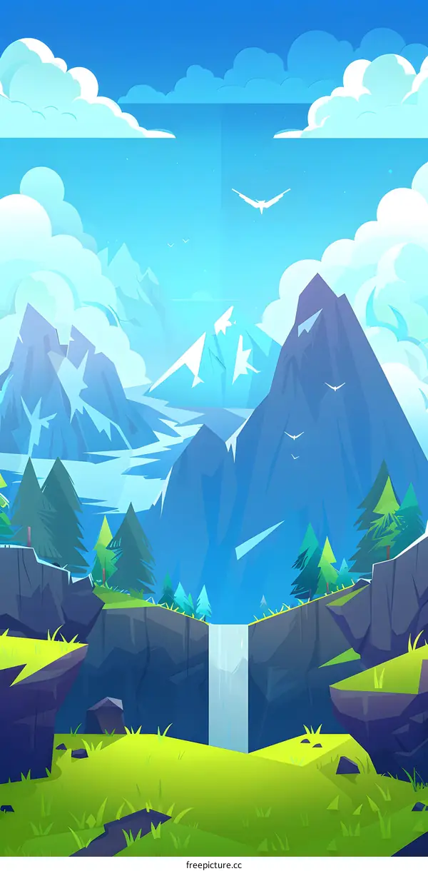 Cartoon Illustration of a Waterfall in the Mountains