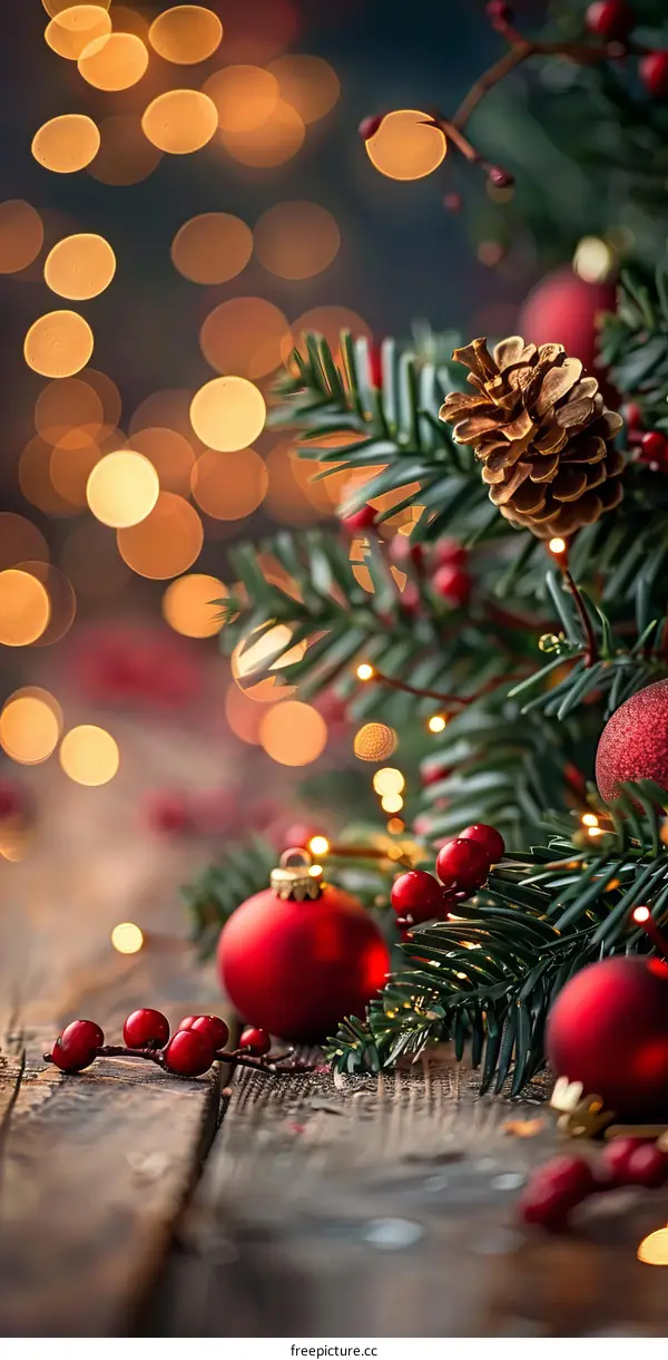 Red Christmas Ornaments and Pine Cones on Wooden Background