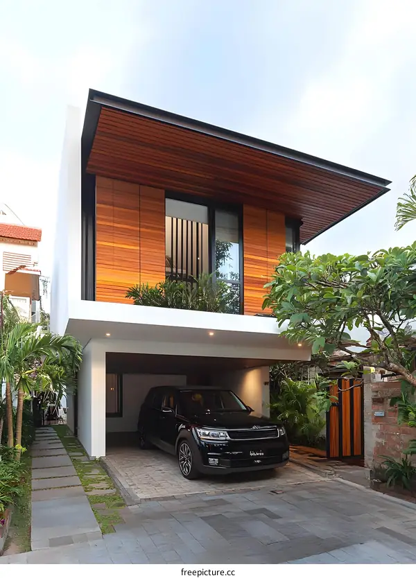 Modern Home with Wooden Facade and Car in Garage