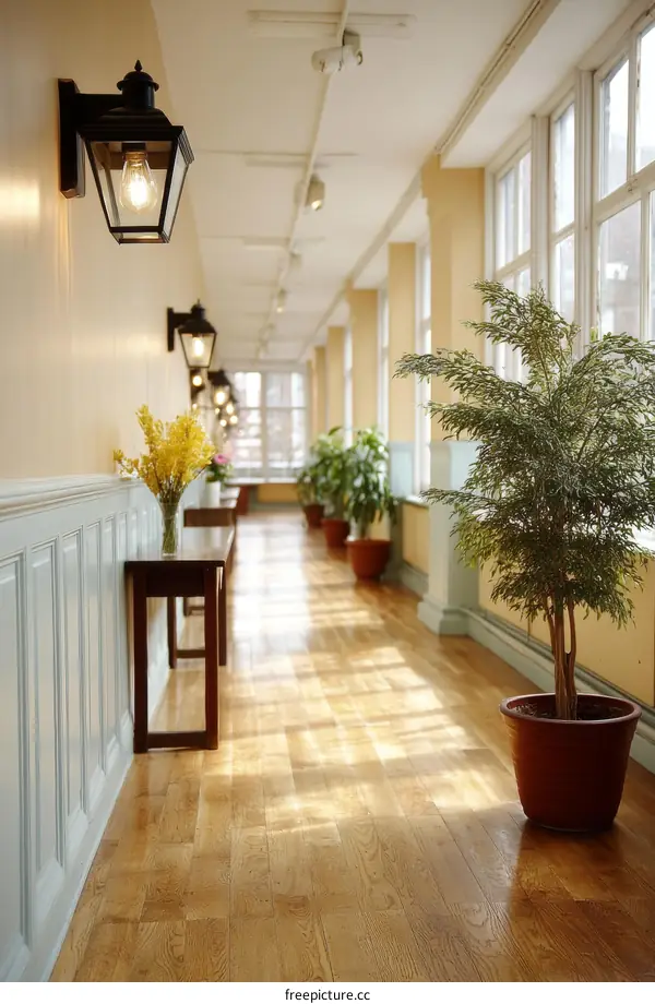 Elegant Interior Hallway with Sunlight and Plants