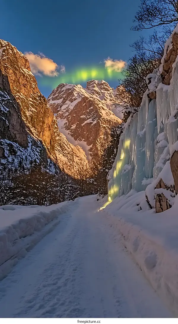Snowy Mountain Path with Green Aurora Borealis