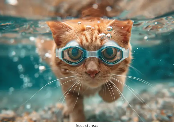 A ginger cat wearing swimming goggles swims underwater